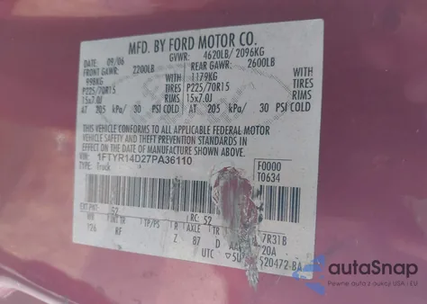 2007 Ford Ranger Stx/Xl/Xlt z USA, uszkodzony, nr VIN 1FTYR14D27PA36110